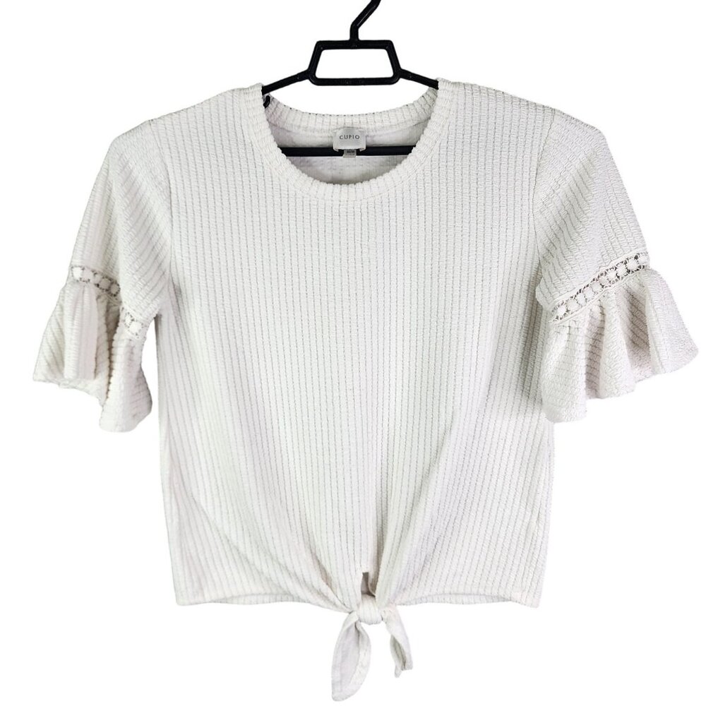 Women's Cupio White Knit Top With Ruffle Sleeves & Front Tie Round Neck Size M